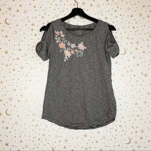 LOFT Embroidered Stripe Key Hole Sleeve T-Shirt